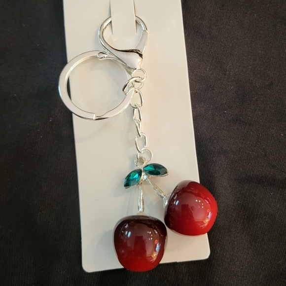 Silver Cherry Bag Charm/KeyChain With Green Rhinestone NWT - Picture 1 of 5